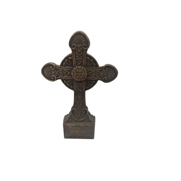 Antique-Style Decorative Cross Tabletop Ornate Resin Bronze Finish 12" Tall - Picture 9 of 12
